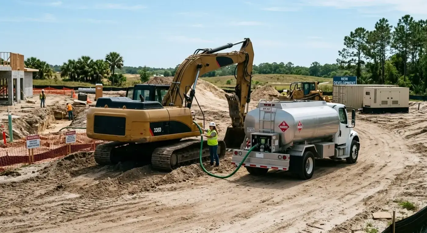 Fuel truck refueling an excavator on a job site