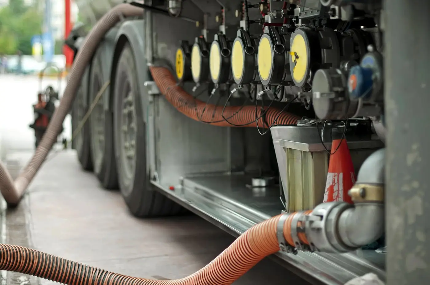 Meters and hoses on a fuel delivery truck