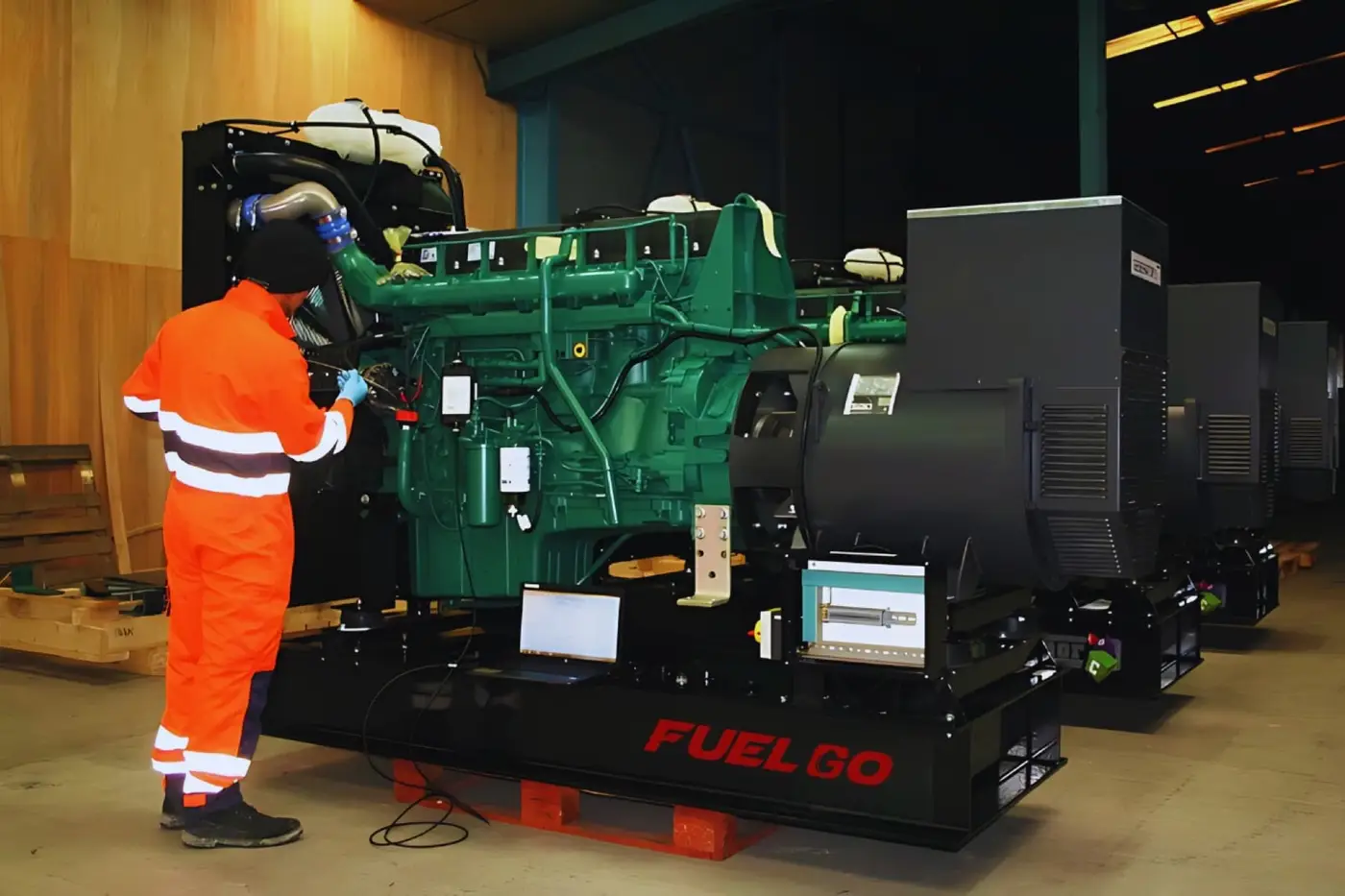 Technician servicing an industrial diesel generator