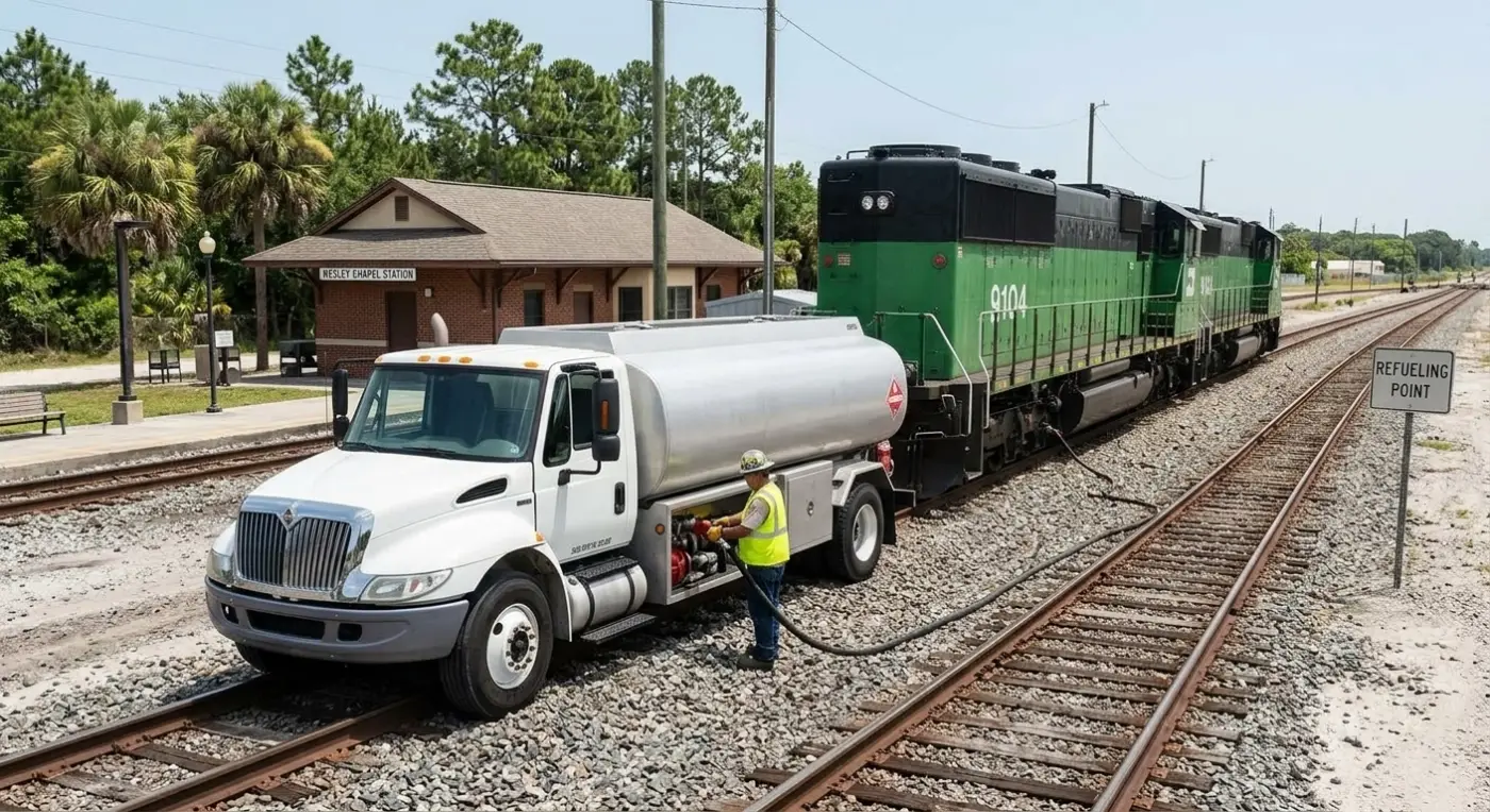 Fuel truck fueling a locomotive in a rail yard