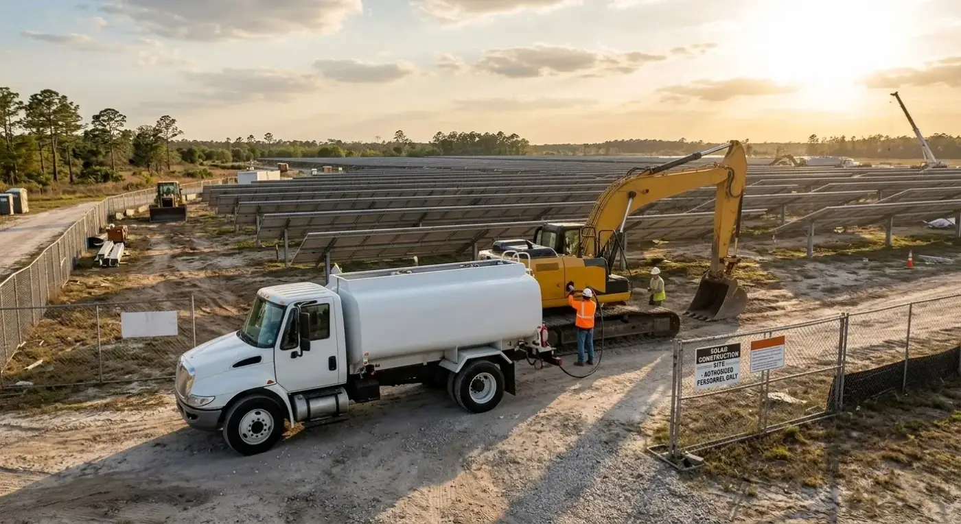 Fuel truck supplying equipment at a solar farm construction site