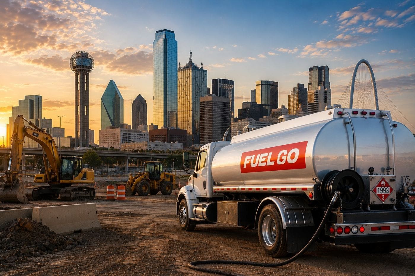 FuelGo fuel delivery truck at a Dallas construction site with the downtown skyline and Reunion Tower