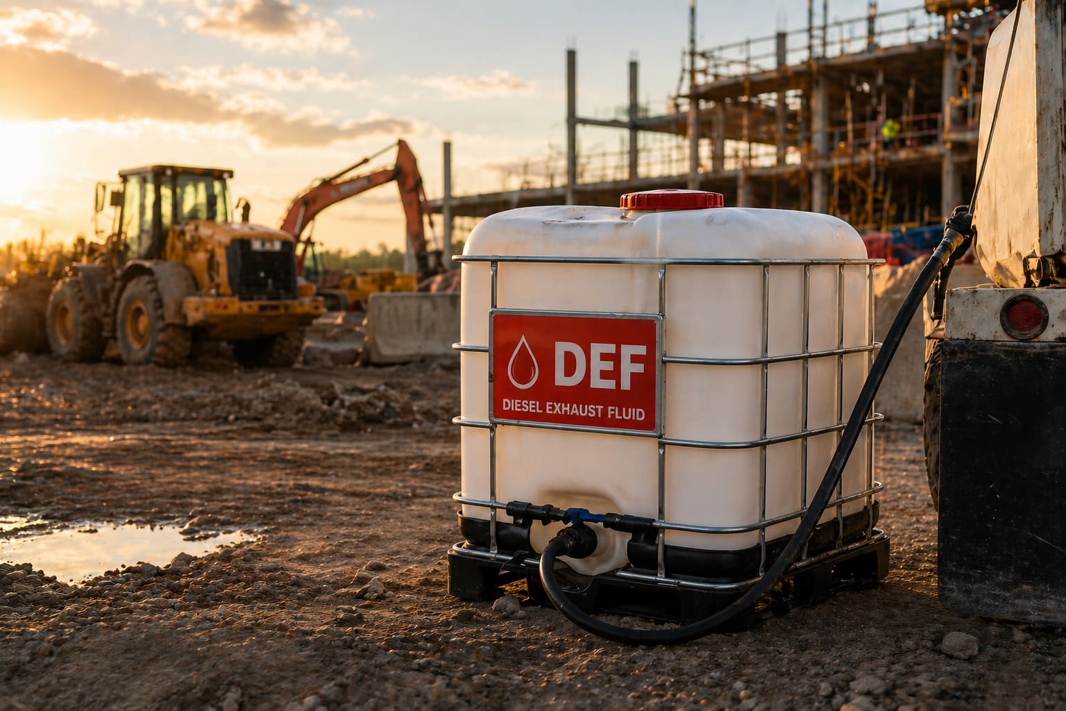 DEF Diesel Exhaust Fluid tote on construction site with excavator