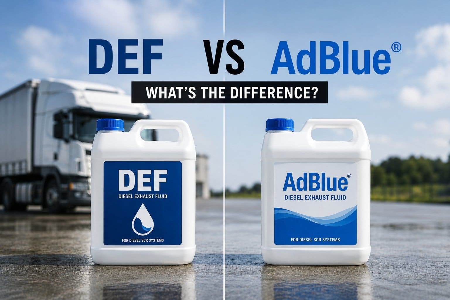 DEF vs AdBlue comparison - both products side by side showing they are the same fluid