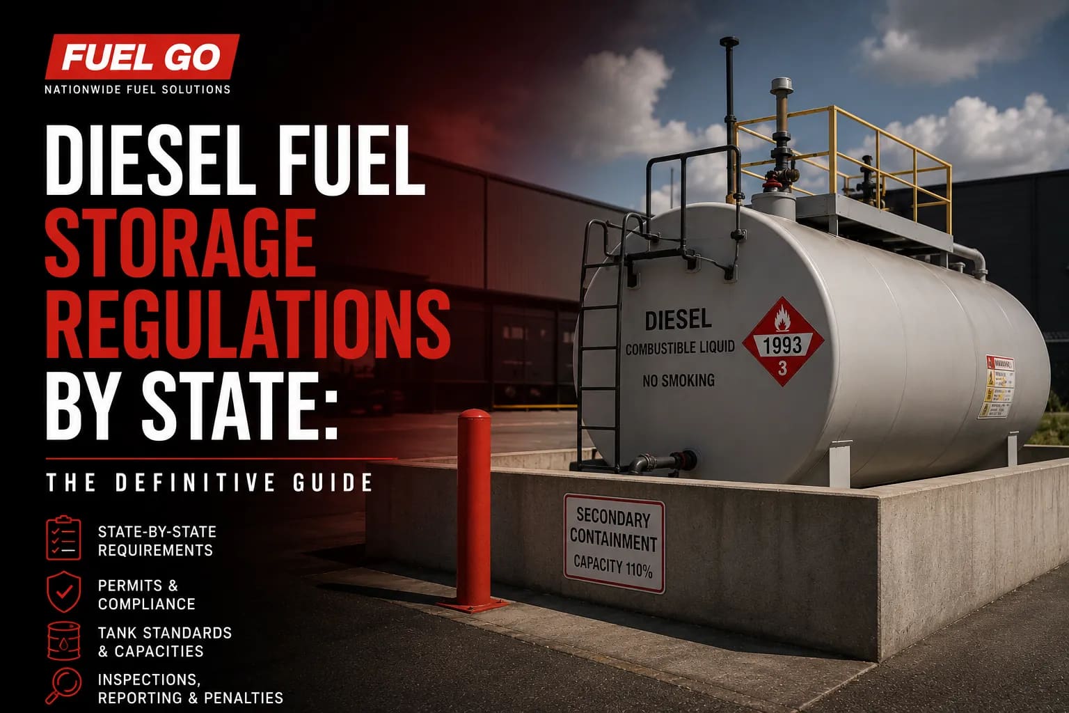 Diesel storage tank labeled combustible liquid on a concrete pad marked secondary containment capacity 110 percent — FuelGo guide to diesel fuel storage regulations by state.