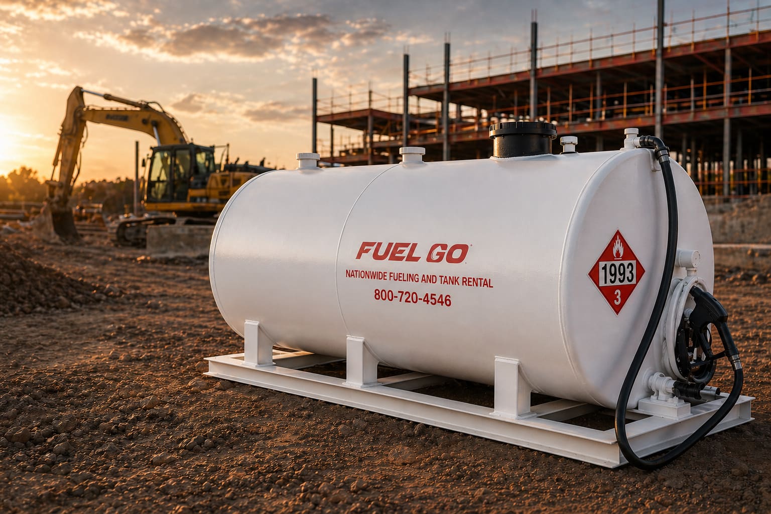 FuelGo branded diesel fuel storage tank on construction site with excavator at sunset