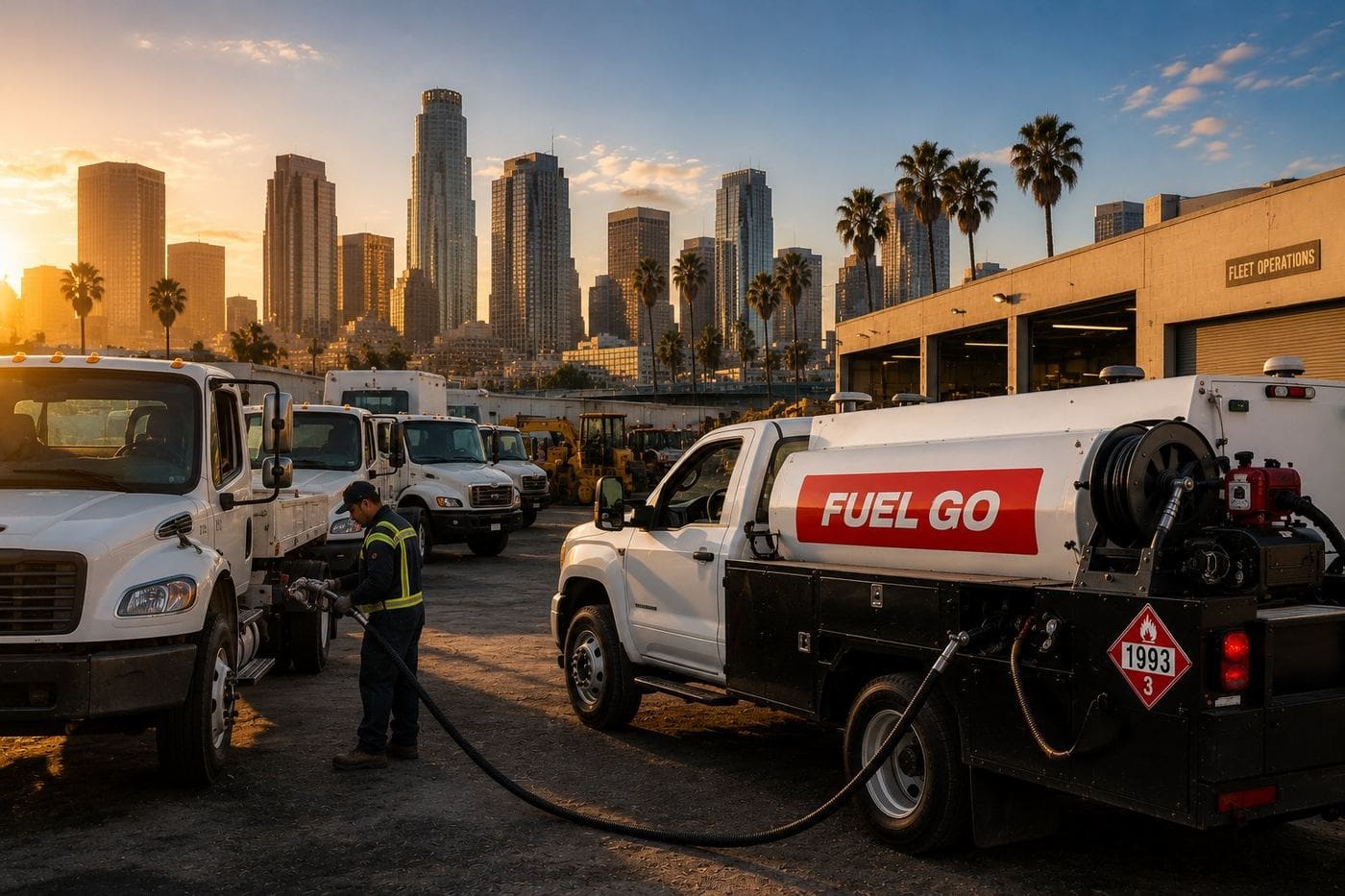 FuelGo diesel delivery truck refueling a fleet of vehicles at a fleet operations yard with the Los Angeles downtown skyline and palm trees at sunset