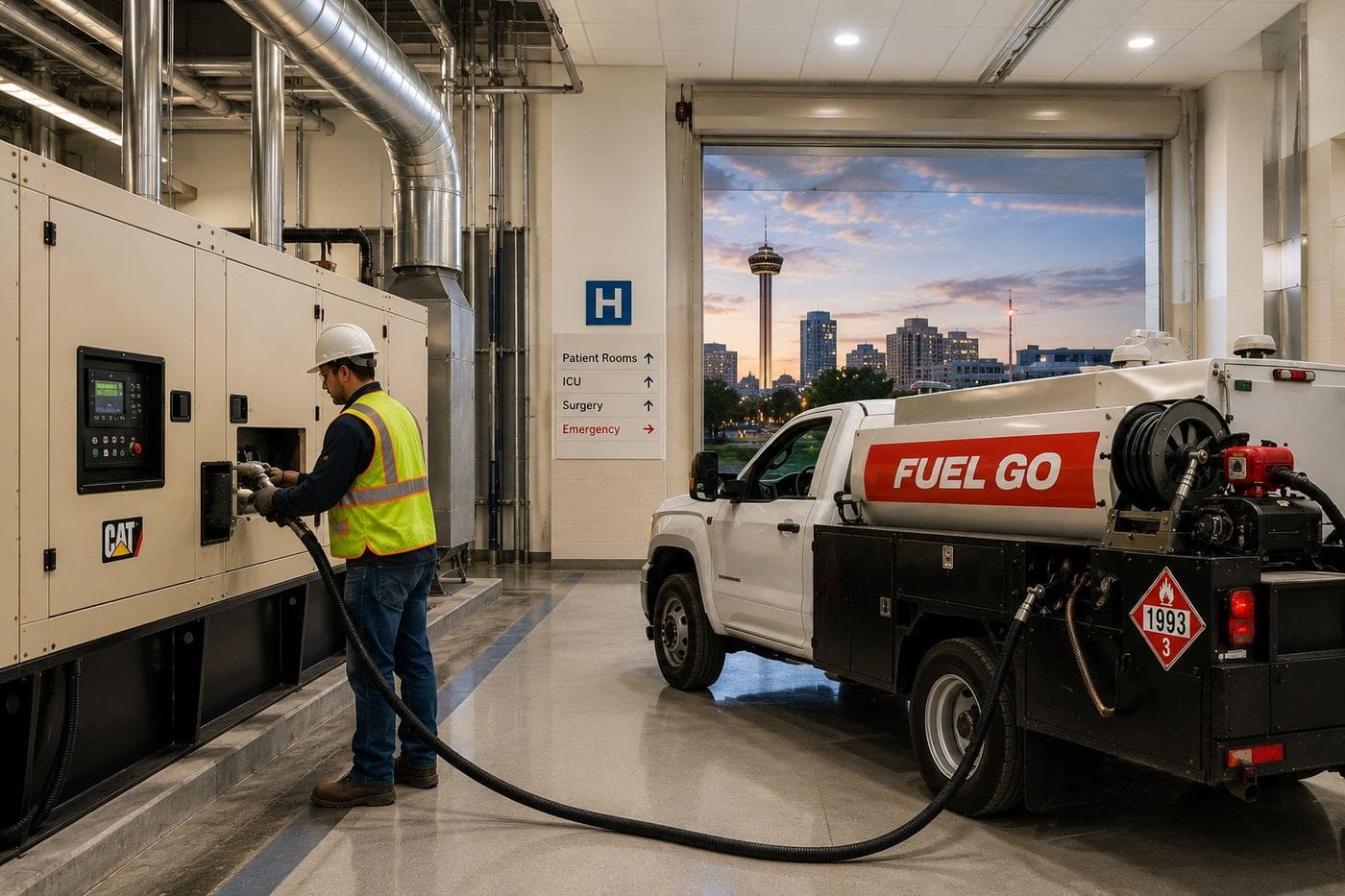 FuelGo technician refueling a CAT hospital generator in San Antonio with the Tower of the Americas in the background